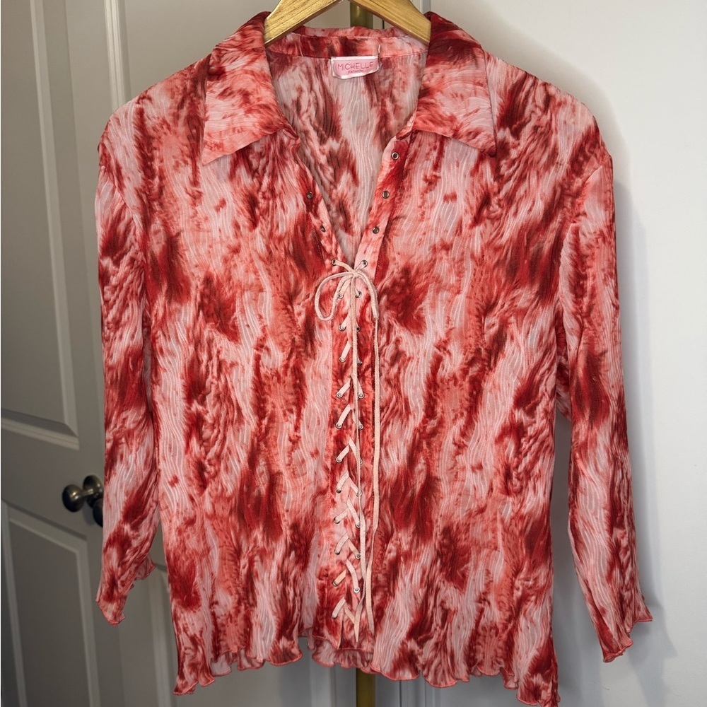 Michele Red and White Lace-Up Blouse